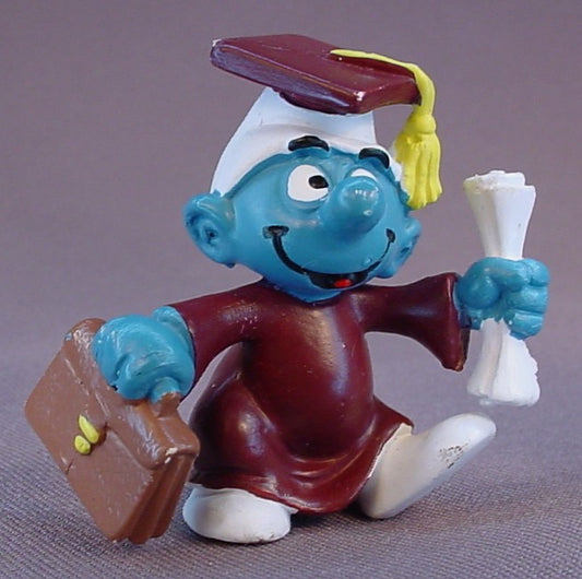 Graduation Smurf In A Brown Cap & Gown PVC Figure, #20130, 1981 Peyo Schleich, W. Germany, Graduate, Smurfs, Vintage, Figurine