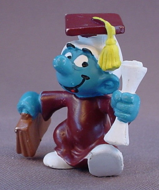 Graduation Smurf In A Brown Cap & Gown PVC Figure, #20130, 1981 Peyo Schleich, W. Germany, Graduate, Smurfs, Vintage, Figurine