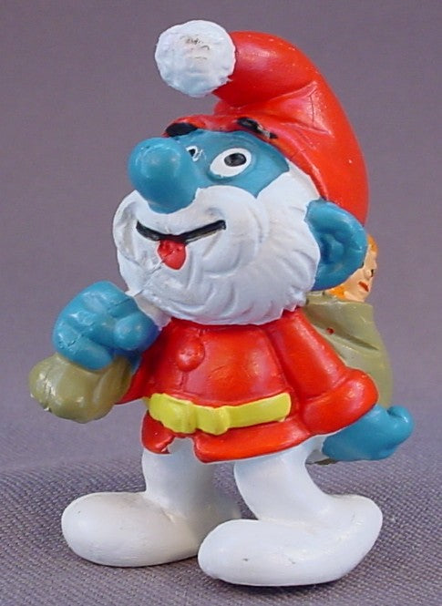 Papa Smurf As Santa Claus With A Sack Of Toys PVC Figure, #20124, 1981 Peyo Schleich, W. Germany, Mustard Yellow Dot, Smurfs, Vintage, Figurine