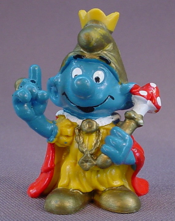 Emperor Smurf Wearing A Gold Hat And Holding A Mushroom Scepter PVC Figure, #20046, 1978 Peyo Schleich, W. Germany, Smurfs, Vintage, Figurine