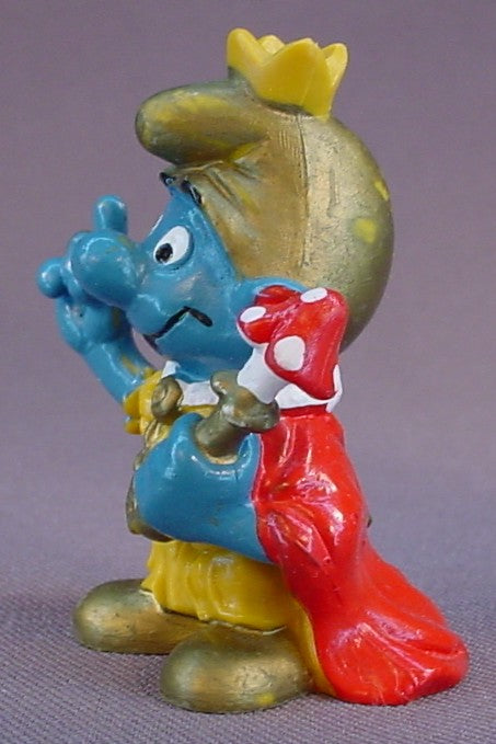 Emperor Smurf Wearing A Gold Hat And Holding A Mushroom Scepter PVC Figure, #20046, 1978 Peyo Schleich, W. Germany, Smurfs, Vintage, Figurine