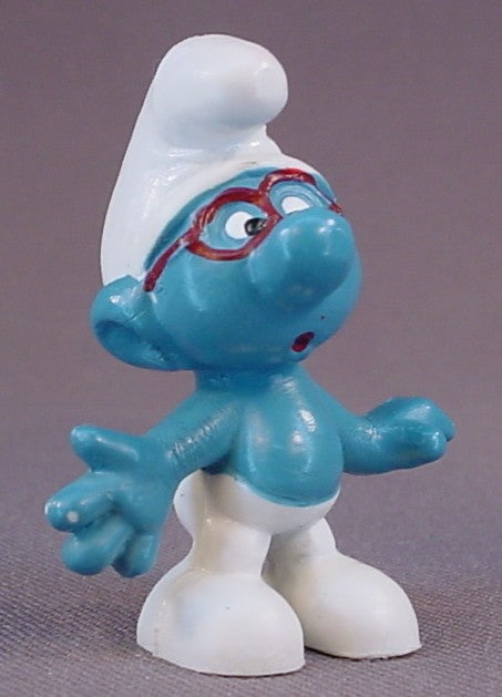 Brainy Smurf With Red Glasses PVC Figure, #20006, 1969 Peyo, W. Germany, Mustard Yellow Dot, Smurfs, Vintage, Figurine