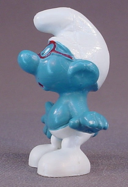 Brainy Smurf With Red Glasses PVC Figure, #20006, 1969 Peyo, W. Germany, Mustard Yellow Dot, Smurfs, Vintage, Figurine