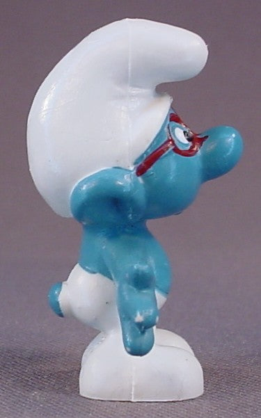 Brainy Smurf With Red Glasses PVC Figure, #20006, 1969 Peyo, W. Germany, Mustard Yellow Dot, Smurfs, Vintage, Figurine