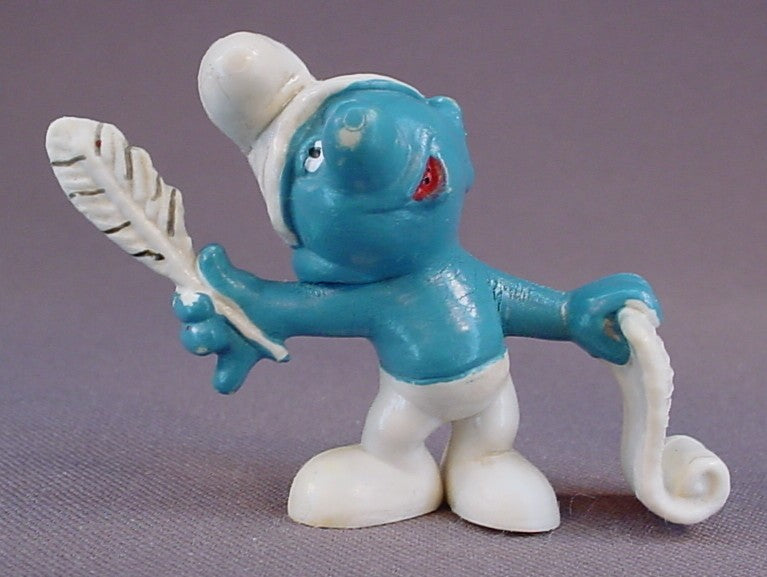 Poet Smurf With A Quill And Scroll PVC Figure, Black Stripes On The Front & Back Of The Feather, #20022, 1972 Peyo, W. Germany, Mustard Yellow Dot, Smurfs, Vintage, Figurine