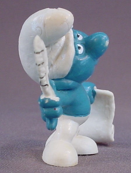 Poet Smurf With A Quill And Scroll PVC Figure, Black Stripes On The Front & Back Of The Feather, #20022, 1972 Peyo, W. Germany, Mustard Yellow Dot, Smurfs, Vintage, Figurine