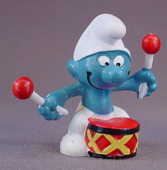 Smurf With A Red Drum & 2 Drumsticks PVC Figure, #20009, 1966 Peyo, W. Germany, Mustard Yellow Dot, Smurfs, Vintage, Figurine, Drum Sticks