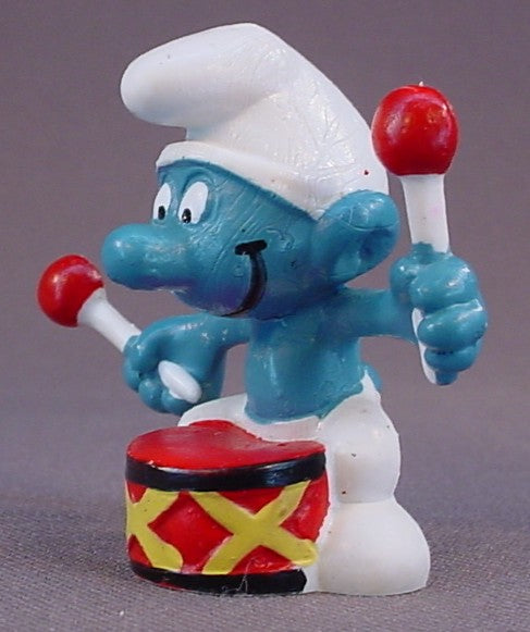 Smurf With A Red Drum & 2 Drumsticks PVC Figure, #20009, 1966 Peyo, W. Germany, Mustard Yellow Dot, Smurfs, Vintage, Figurine, Drum Sticks