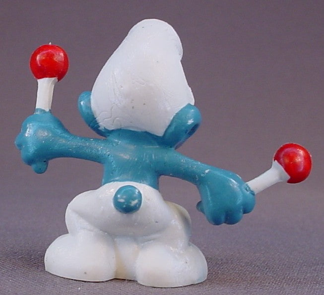 Smurf With A Red Drum & 2 Drumsticks PVC Figure, #20009, 1966 Peyo, W. Germany, Mustard Yellow Dot, Smurfs, Vintage, Figurine, Drum Sticks