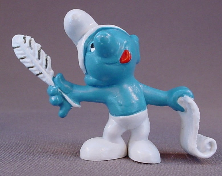 Poet Smurf With A Quill And Scroll PVC Figure, Black Stripes On The Front & Back Of The Feather, #20022, 1972 Peyo, W. Germany, Mustard Yellow Dot, Smurfs, Vintage, Figurine