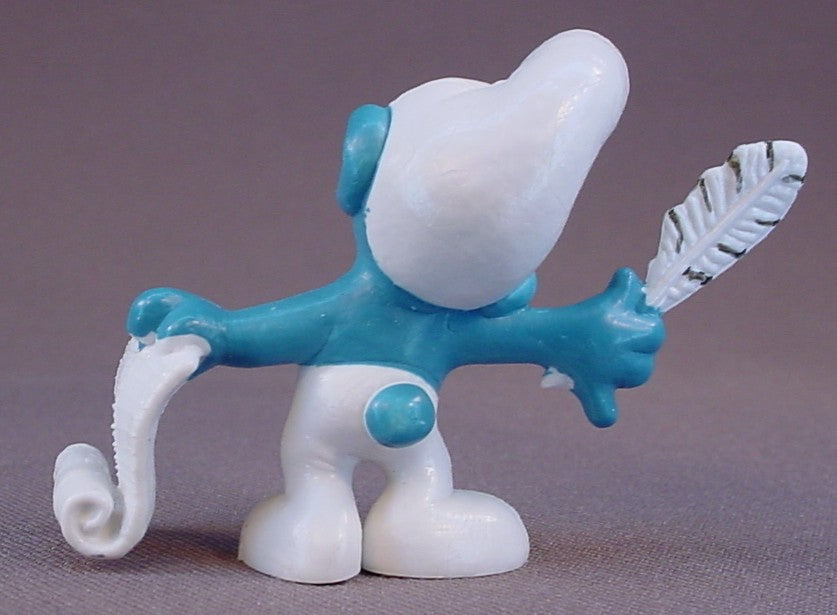 Poet Smurf With A Quill And Scroll PVC Figure, Black Stripes On The Front & Back Of The Feather, #20022, 1972 Peyo, W. Germany, Mustard Yellow Dot, Smurfs, Vintage, Figurine