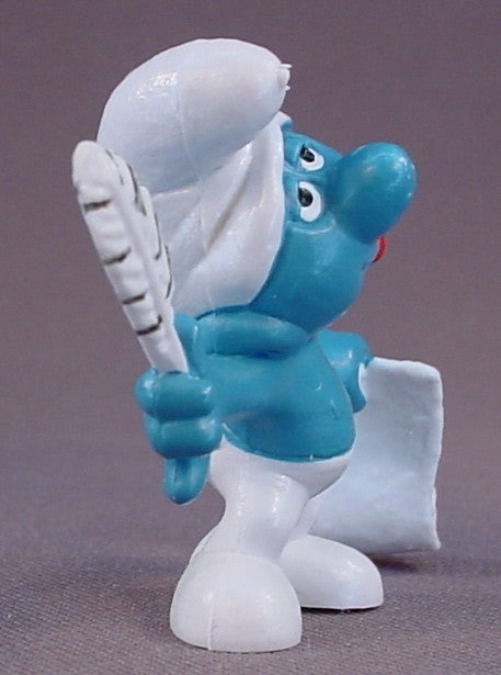 Poet Smurf With A Quill And Scroll PVC Figure, Black Stripes On The Front & Back Of The Feather, #20022, 1972 Peyo, W. Germany, Mustard Yellow Dot, Smurfs, Vintage, Figurine