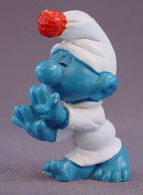 Sleep Walker Smurf PVC Figure, #20021, 1972 Peyo, W. Germany, Mustard Yellow Dot, Smurfs, Vintage, Figurine