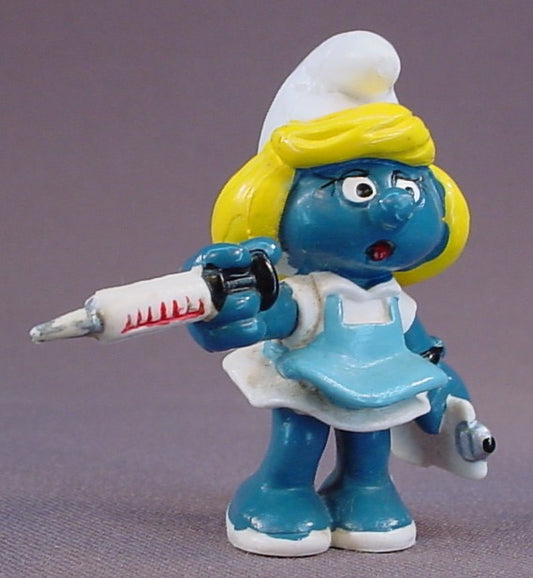 Smurfette Nurse Or Doctor Holding A Needle PVC Figure, #20139, 1981 Peyo Schleich, Made In Hong Kong, Smurfs, Vintage, Figurine