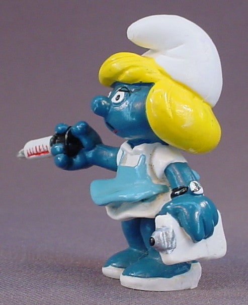 Smurfette Nurse Or Doctor Holding A Needle PVC Figure, #20139, 1981 Peyo Schleich, Made In Hong Kong, Smurfs, Vintage, Figurine
