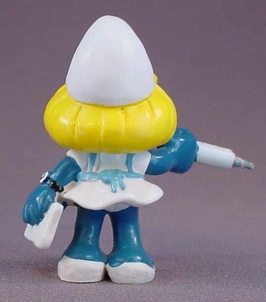 Smurfette Nurse Or Doctor Holding A Needle PVC Figure, #20139, 1981 Peyo Schleich, Made In Hong Kong, Smurfs, Vintage, Figurine