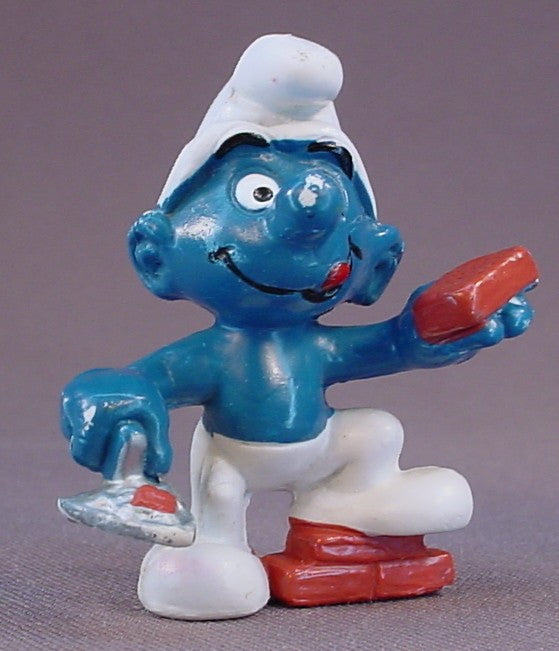 Bricklayer Smurf Holding A Brick PVC Figure, One Foot On A Stack Of Bricks, White Pants, #20148, 1981 Peyo Schleich, Made In Hong Kong, Smurfs, Vintage, Figurine