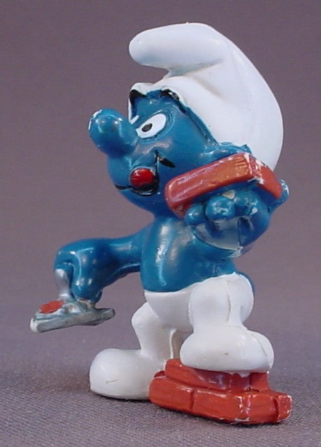 Bricklayer Smurf Holding A Brick PVC Figure, One Foot On A Stack Of Bricks, White Pants, #20148, 1981 Peyo Schleich, Made In Hong Kong, Smurfs, Vintage, Figurine