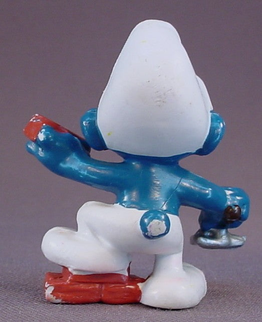 Bricklayer Smurf Holding A Brick PVC Figure, One Foot On A Stack Of Bricks, White Pants, #20148, 1981 Peyo Schleich, Made In Hong Kong, Smurfs, Vintage, Figurine