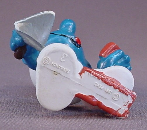 Bricklayer Smurf Holding A Brick PVC Figure, One Foot On A Stack Of Bricks, White Pants, #20148, 1981 Peyo Schleich, Made In Hong Kong, Smurfs, Vintage, Figurine