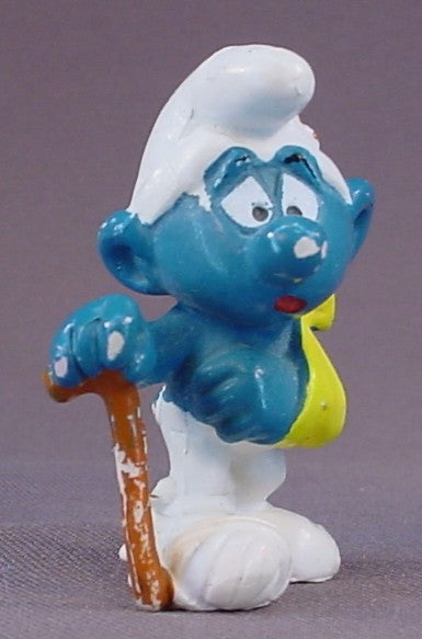 Injured Smurf With An Arm In A Sling And A Bandaged Foot PVC Figure, Walking With A Cane, #20097, 1978 Peyo Bully, Made In Hong Kong, Smurfs, Vintage, Figurine