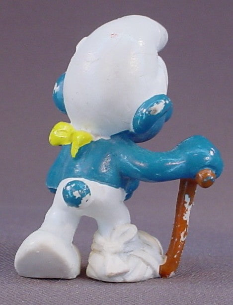 Injured Smurf With An Arm In A Sling And A Bandaged Foot PVC Figure, Walking With A Cane, #20097, 1978 Peyo Bully, Made In Hong Kong, Smurfs, Vintage, Figurine