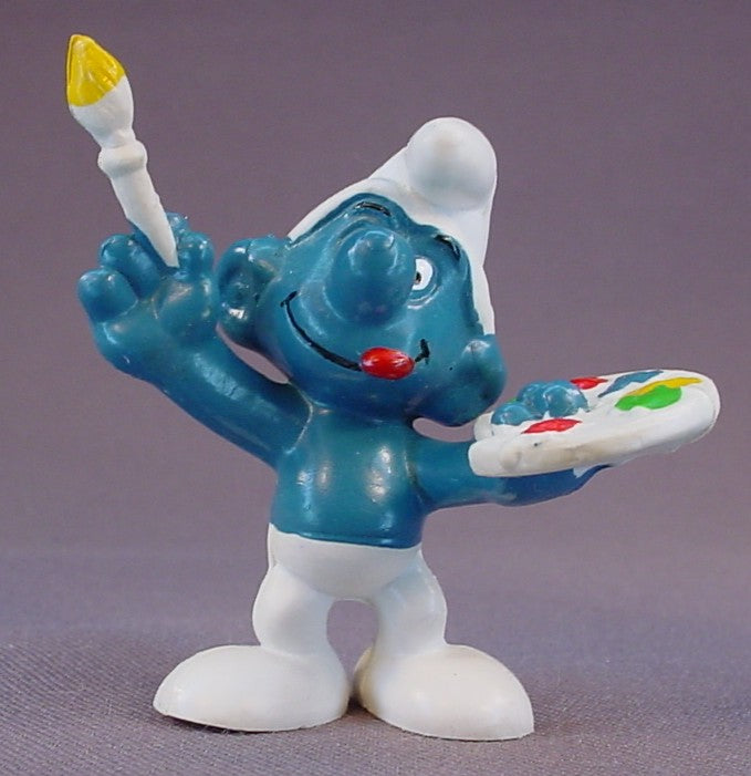 Artist Smurf With A Pallet & Paint Brush PVC Figure, Darker Yellow On The Pallet, #20045, 1978 Peyo Schleich, W. Berrie & Co., Made In Hong Kong, Smurfs, Vintage, Figurine