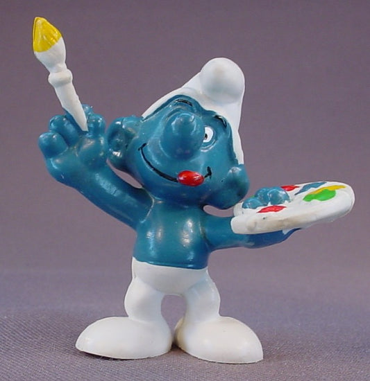 Artist Smurf With A Pallet & Paint Brush PVC Figure, Darker Yellow On The Pallet, #20045, 1978 Peyo Schleich, W. Berrie & Co., Made In Hong Kong, Smurfs, Vintage, Figurine