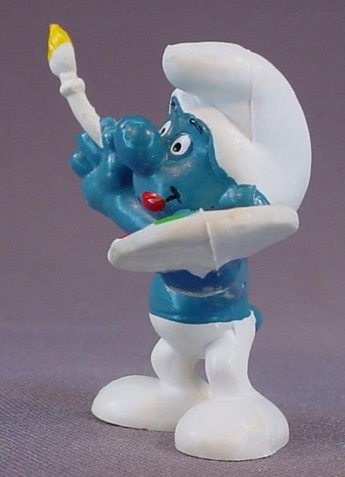 Artist Smurf With A Pallet & Paint Brush PVC Figure, Darker Yellow On The Pallet, #20045, 1978 Peyo Schleich, W. Berrie & Co., Made In Hong Kong, Smurfs, Vintage, Figurine