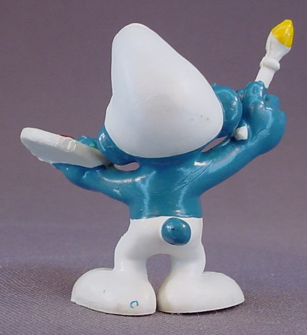 Artist Smurf With A Pallet & Paint Brush PVC Figure, Darker Yellow On The Pallet, #20045, 1978 Peyo Schleich, W. Berrie & Co., Made In Hong Kong, Smurfs, Vintage, Figurine