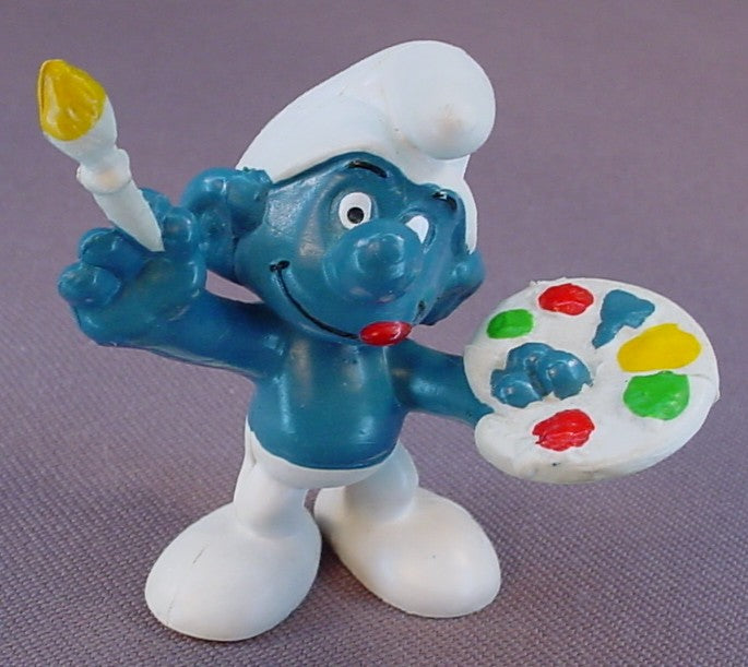 Artist Smurf With A Pallet & Paint Brush PVC Figure, Darker Yellow On The Pallet, #20045, 1978 Peyo Schleich, W. Berrie & Co., Made In Hong Kong, Smurfs, Vintage, Figurine