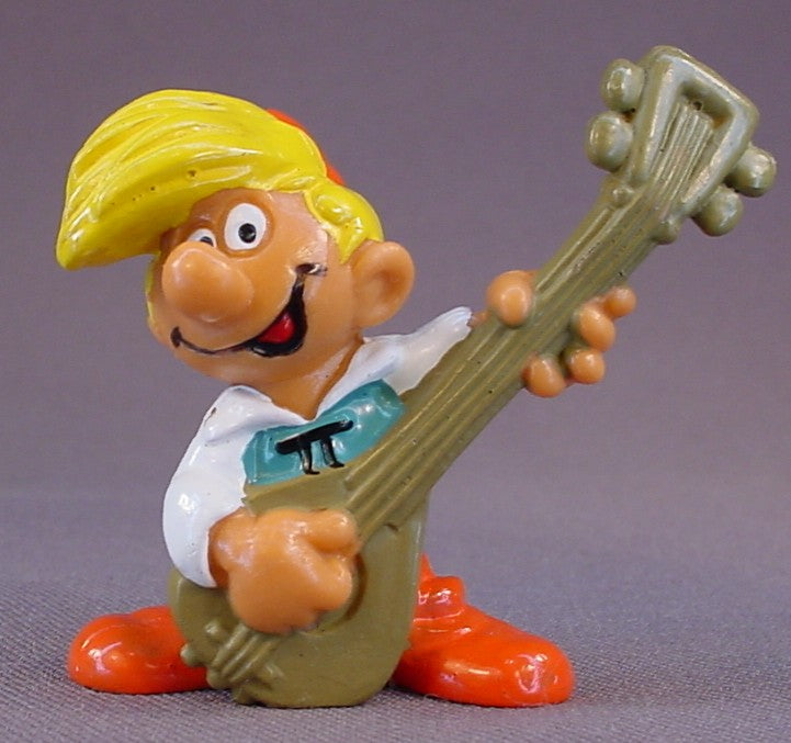 Smurfs Pewit Human Figure With A Guitar PVC Figure, Unpainted Skin Variation, Peewit, Pewee, #20499, 1978 Peyo Schleich, W. Berrie & Co., Made In Hong Kong, Smurfs, Vintage, Figurine
