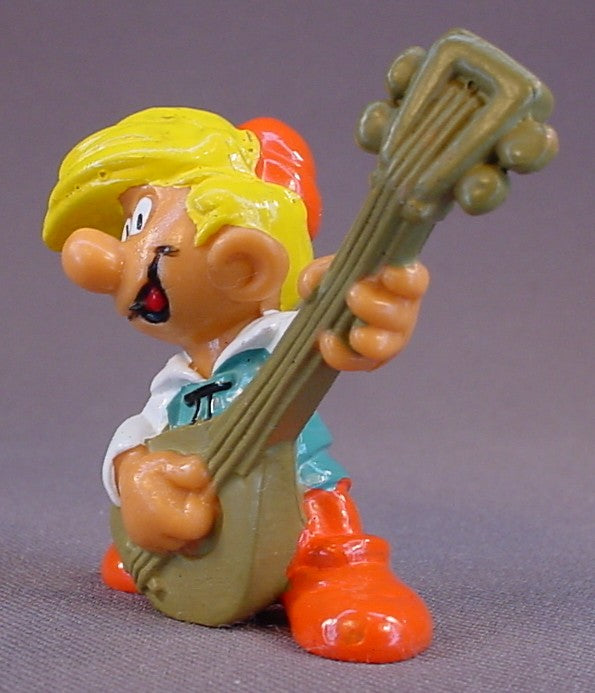 Smurfs Pewit Human Figure With A Guitar PVC Figure, Unpainted Skin Variation, Peewit, Pewee, #20499, 1978 Peyo Schleich, W. Berrie & Co., Made In Hong Kong, Smurfs, Vintage, Figurine