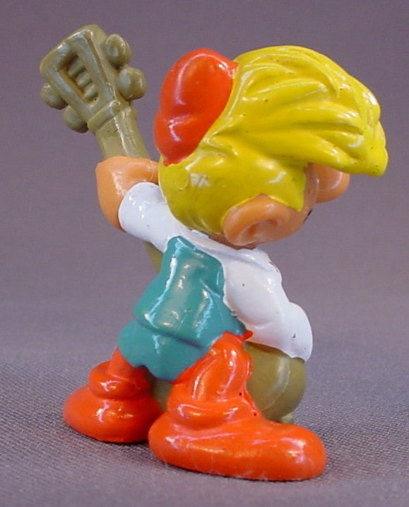 Smurfs Pewit Human Figure With A Guitar PVC Figure, Unpainted Skin Variation, Peewit, Pewee, #20499, 1978 Peyo Schleich, W. Berrie & Co., Made In Hong Kong, Smurfs, Vintage, Figurine