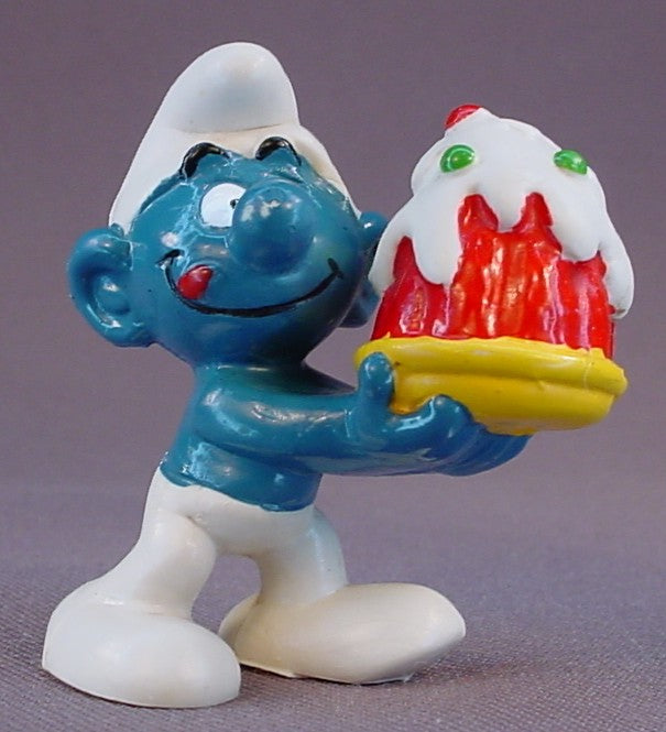 Smurf Holding A Red Cake With Green & Red Dots On A Yellow Plate PVC Figure, Jell-O Mold, #20100, 1973 Peyo Schleich, W. Berrie & Co., Made In Hong Kong, Smurfs, Vintage, Figurine