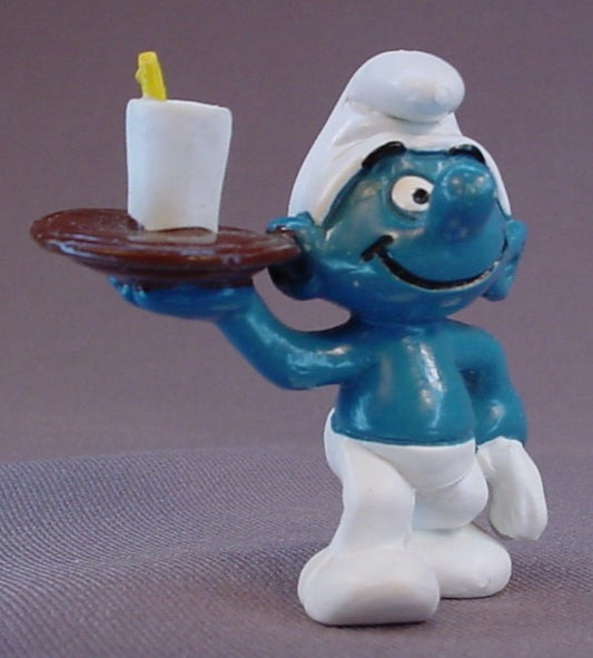 Waiter Smurf Carrying A White Cup On A Brown Tray PVC Figure, #20162, 1983 Peyo Schleich, W. Berrie & Co., Made In Hong Kong, Smurfs, Vintage, Figurine