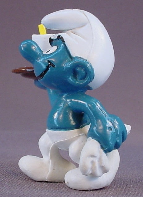 Waiter Smurf Carrying A White Cup On A Brown Tray PVC Figure, #20162, 1983 Peyo Schleich, W. Berrie & Co., Made In Hong Kong, Smurfs, Vintage, Figurine