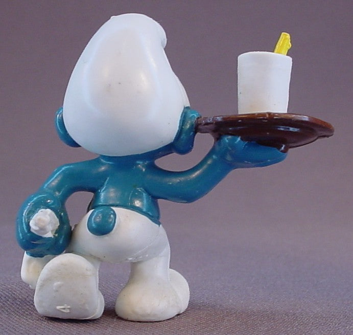 Waiter Smurf Carrying A White Cup On A Brown Tray PVC Figure, #20162, 1983 Peyo Schleich, W. Berrie & Co., Made In Hong Kong, Smurfs, Vintage, Figurine
