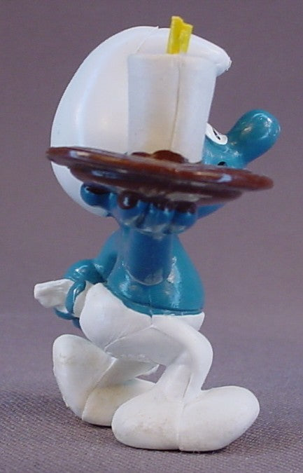 Waiter Smurf Carrying A White Cup On A Brown Tray PVC Figure, #20162, 1983 Peyo Schleich, W. Berrie & Co., Made In Hong Kong, Smurfs, Vintage, Figurine