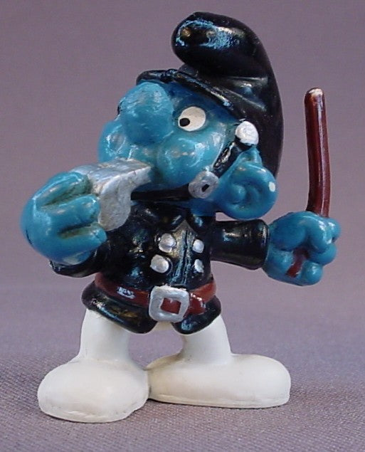 Policeman Smurf In A Black Uniform & Blowing A Silver Whistle PVC Figure, Darker Skin, #20123, 1981 Peyo Schleich, W. Berrie & Co., Made In Hong Kong, Smurfs, Vintage, Figurine