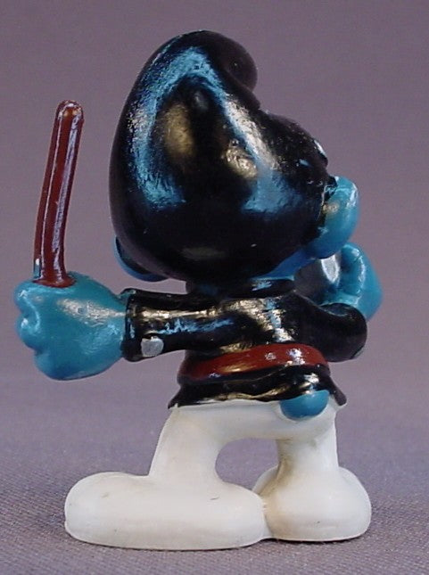 Policeman Smurf In A Black Uniform & Blowing A Silver Whistle PVC Figure, Darker Skin, #20123, 1981 Peyo Schleich, W. Berrie & Co., Made In Hong Kong, Smurfs, Vintage, Figurine