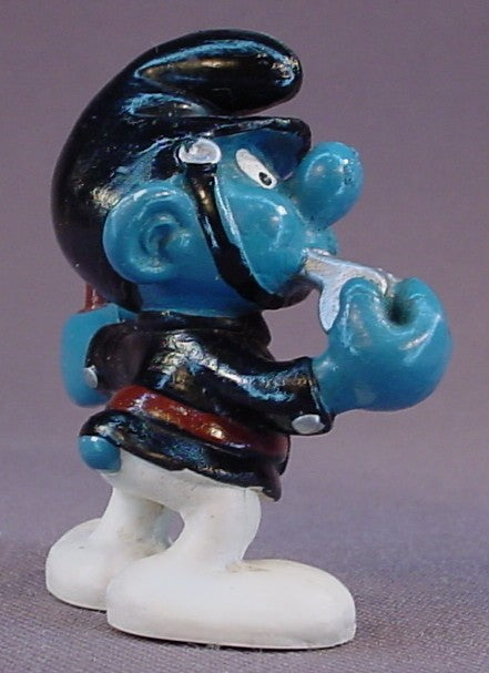 Policeman Smurf In A Black Uniform & Blowing A Silver Whistle PVC Figure, Darker Skin, #20123, 1981 Peyo Schleich, W. Berrie & Co., Made In Hong Kong, Smurfs, Vintage, Figurine