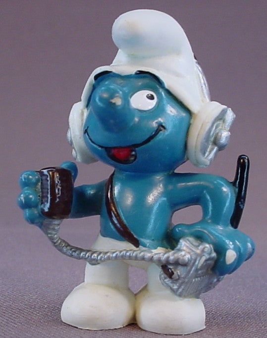 CB Radio Operator Smurf With Silver Headphones PVC Figure, Black Antenna On The Radio, #20143, 1981 Peyo Schleich, W. Berrie & Co., Made In Hong Kong, Smurfs, Vintage, Figurine
