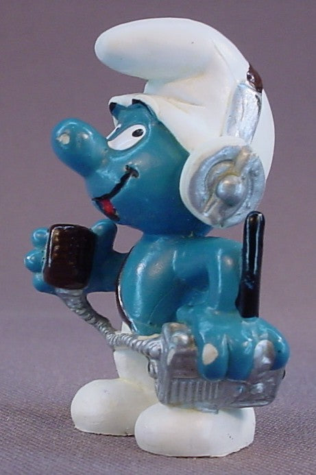 CB Radio Operator Smurf With Silver Headphones PVC Figure, Black Antenna On The Radio, #20143, 1981 Peyo Schleich, W. Berrie & Co., Made In Hong Kong, Smurfs, Vintage, Figurine