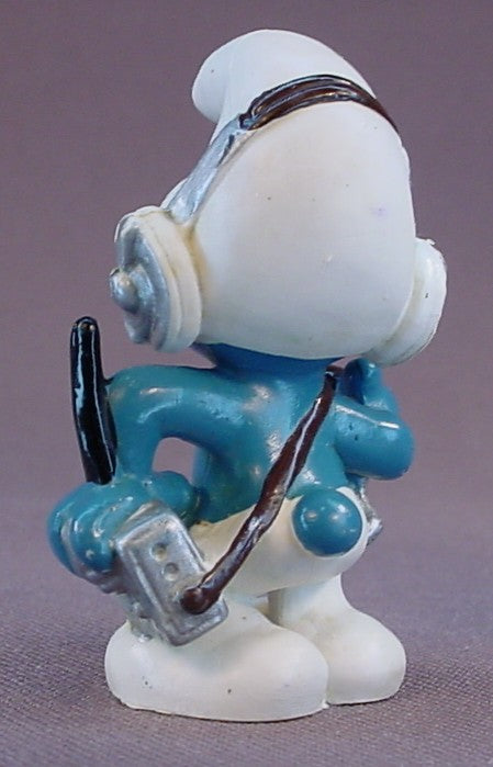 CB Radio Operator Smurf With Silver Headphones PVC Figure, Black Antenna On The Radio, #20143, 1981 Peyo Schleich, W. Berrie & Co., Made In Hong Kong, Smurfs, Vintage, Figurine