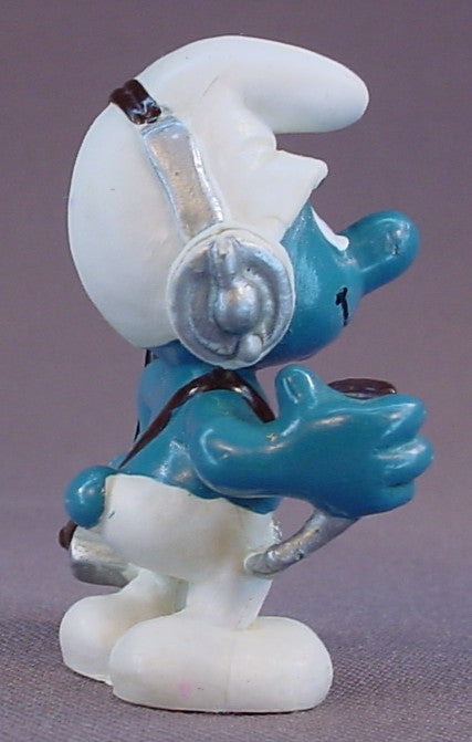 CB Radio Operator Smurf With Silver Headphones PVC Figure, Black Antenna On The Radio, #20143, 1981 Peyo Schleich, W. Berrie & Co., Made In Hong Kong, Smurfs, Vintage, Figurine
