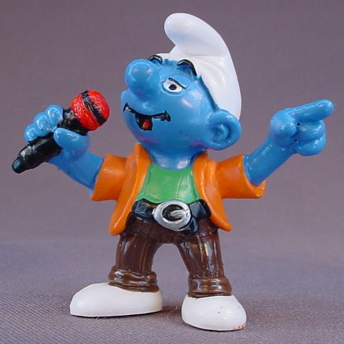 Pop Singer Smurf With An Orange Jacket & A Red Microphone PVC Figure, New Singer, #20451, 1997 Peyo Schleich, Germany, Smurfs, Vintage, Figurine