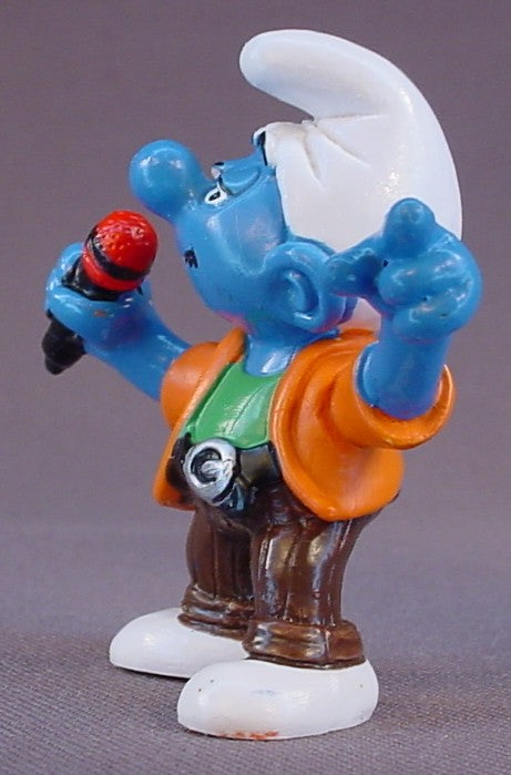 Pop Singer Smurf With An Orange Jacket & A Red Microphone PVC Figure, New Singer, #20451, 1997 Peyo Schleich, Germany, Smurfs, Vintage, Figurine