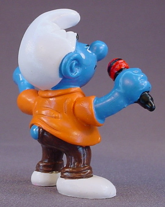 Pop Singer Smurf With An Orange Jacket & A Red Microphone PVC Figure, New Singer, #20451, 1997 Peyo Schleich, Germany, Smurfs, Vintage, Figurine