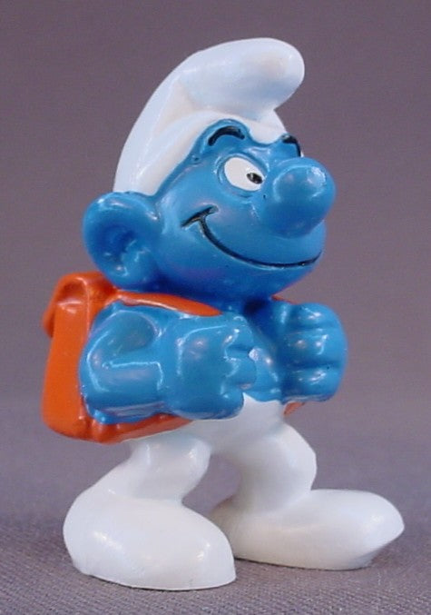 Pupil Smurf With An Orange Brown Backpack PVC Figure, Student, Rucksack, #20103, 1979 Peyo Schleich, Germany, Smurfs, Vintage, Figurine